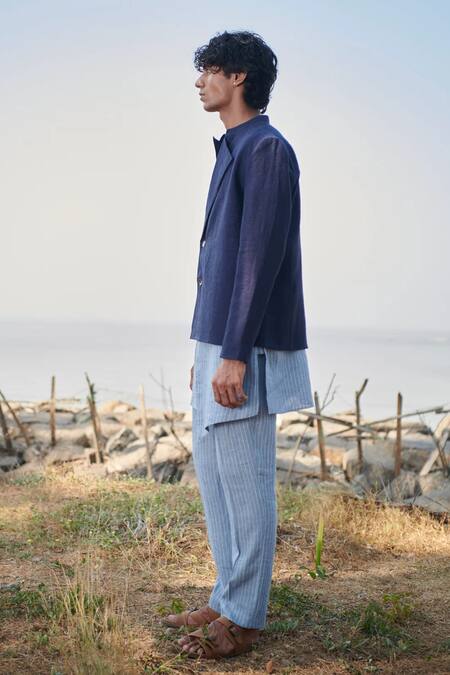 Shop_Saphed_Navy Linen Neel Denim Bandhgala 