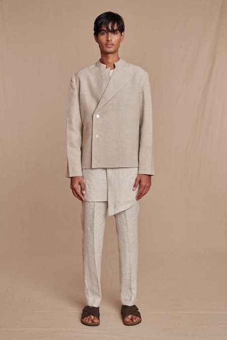 Saphed_Off White Linen Undyed Bandhgala Jacket _Online_at_Aza_Fashions