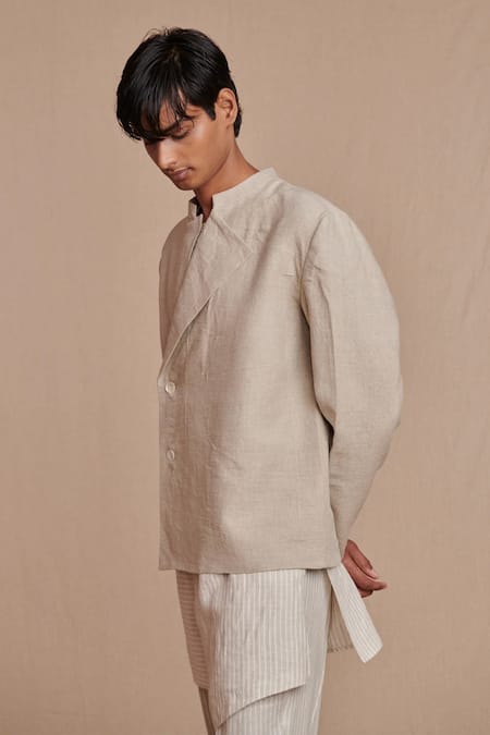 Buy_Saphed_Off White Linen Undyed Bandhgala Jacket _Online_at_Aza_Fashions
