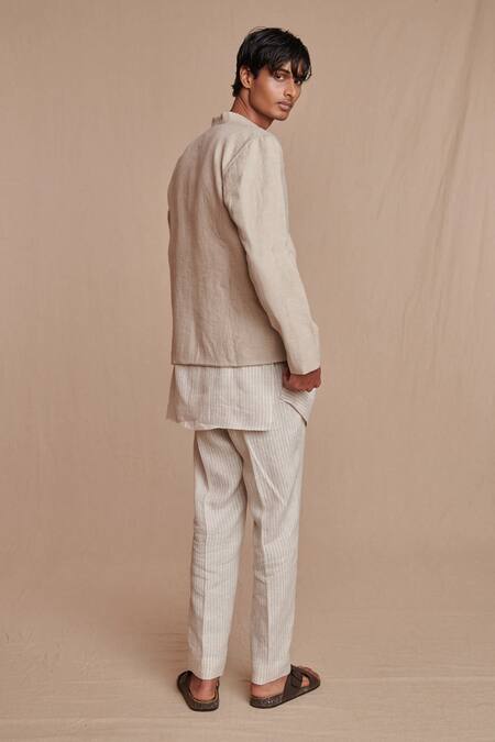 Shop_Saphed_Off White Linen Undyed Bandhgala Jacket _Online_at_Aza_Fashions