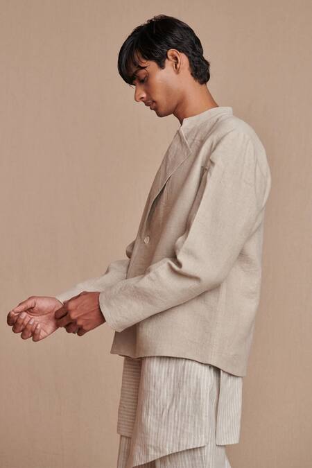 Saphed_Off White Linen Undyed Bandhgala Jacket _at_Aza_Fashions