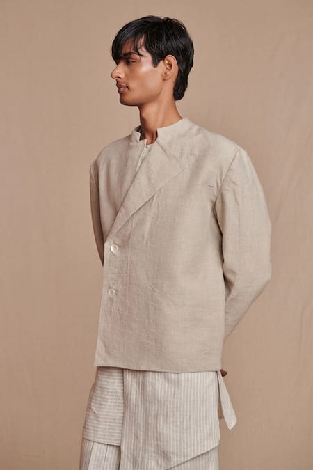 Saphed Undyed Linen Bandhgala Jacket 