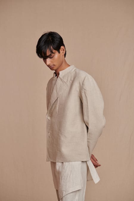 Buy_Saphed_Off White Linen Undyed Bandhgala Jacket 