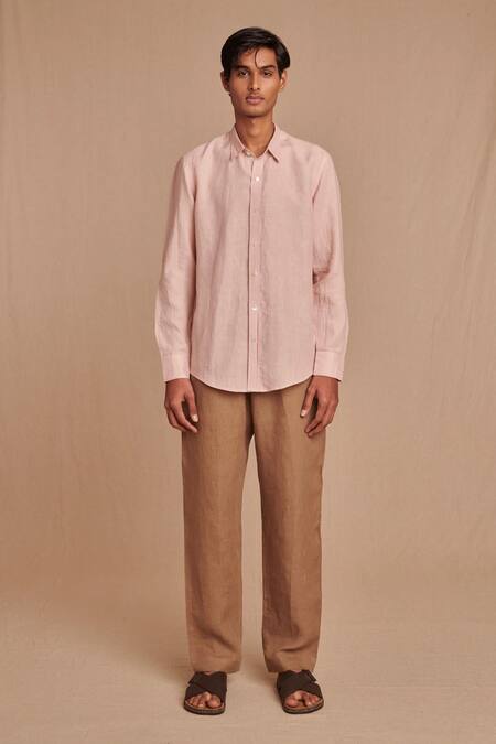 Saphed_Blush Linen Oxford Shirt _Online_at_Aza_Fashions