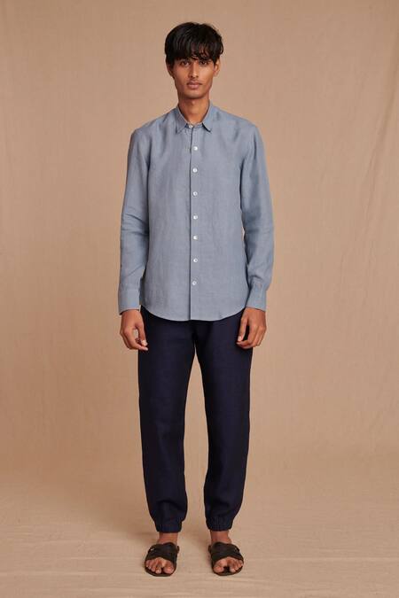 Saphed_Sky Blue Linen Oxford Shirt _Online_at_Aza_Fashions