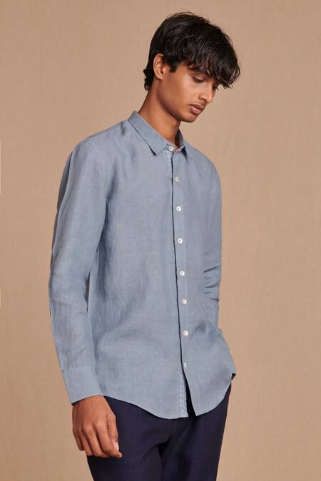 Buy_Saphed_Sky Blue Linen Oxford Shirt _Online_at_Aza_Fashions