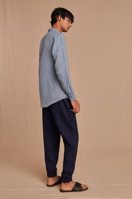 Shop_Saphed_Sky Blue Linen Oxford Shirt _Online_at_Aza_Fashions