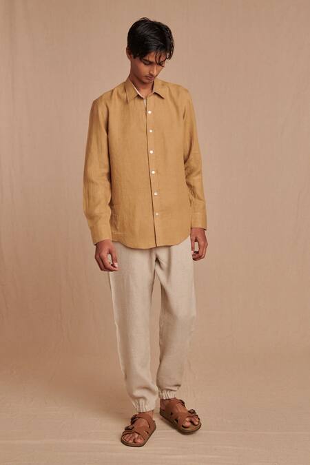 Saphed_Beige Linen Husk Shirt _Online_at_Aza_Fashions