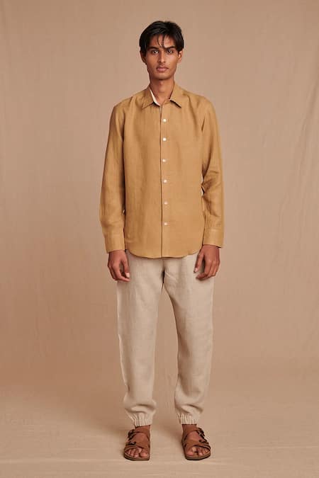 Buy_Saphed_Beige Linen Husk Shirt _Online_at_Aza_Fashions