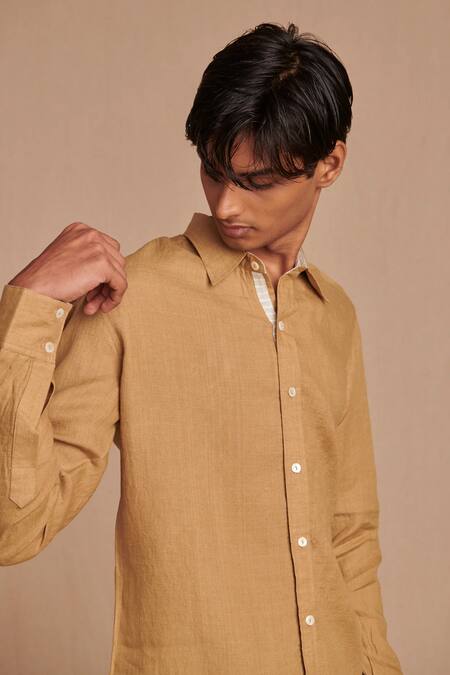 Shop_Saphed_Beige Linen Husk Shirt _Online_at_Aza_Fashions