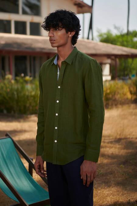 Saphed_Green Linen Oxford Shirt _Online_at_Aza_Fashions