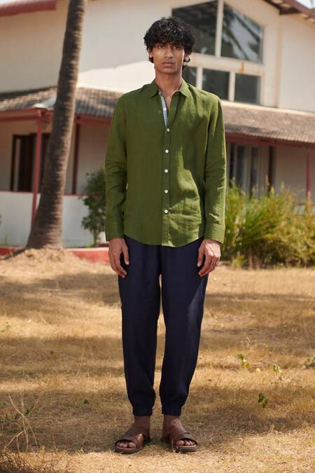 Saphed_Green Linen Oxford Shirt _at_Aza_Fashions
