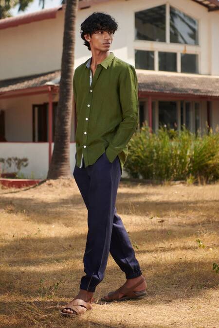 Buy_Saphed_Green Linen Oxford Shirt 