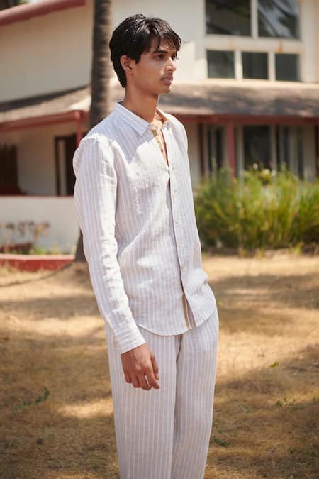 Saphed_Off White Linen Undyed Boldstripe Oxford Shirt _at_Aza_Fashions
