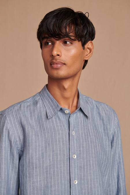 Buy_Saphed_Sky Blue Linen Pinstripe Oxford Shirt _Online_at_Aza_Fashions