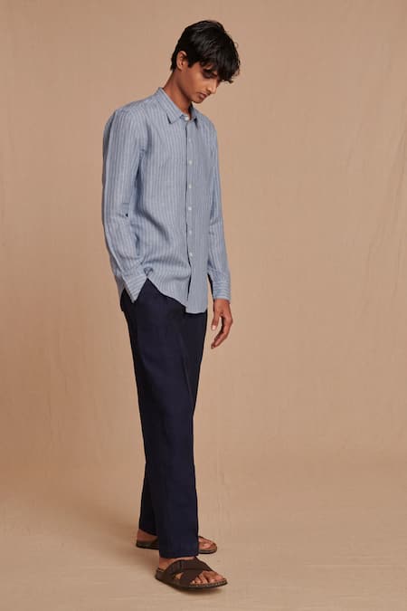 Shop_Saphed_Sky Blue Linen Pinstripe Oxford Shirt _Online_at_Aza_Fashions