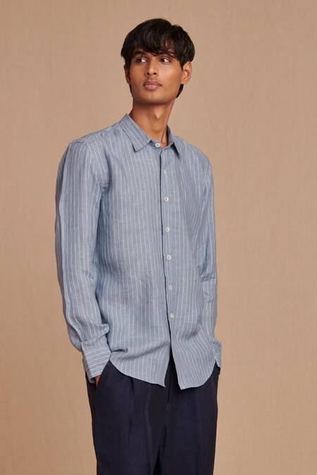 Saphed_Sky Blue Linen Pinstripe Oxford Shirt _at_Aza_Fashions