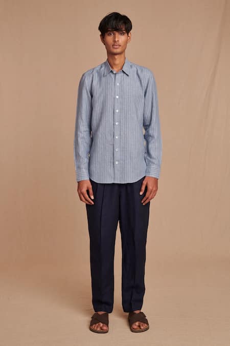 Buy_Saphed_Sky Blue Linen Pinstripe Oxford Shirt 
