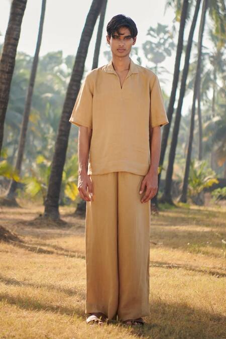 Buy_Saphed_Beige Linen Popover Shirt _Online_at_Aza_Fashions