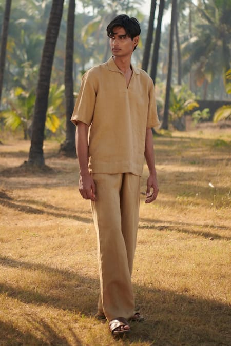 Saphed_Beige Linen Popover Shirt _at_Aza_Fashions