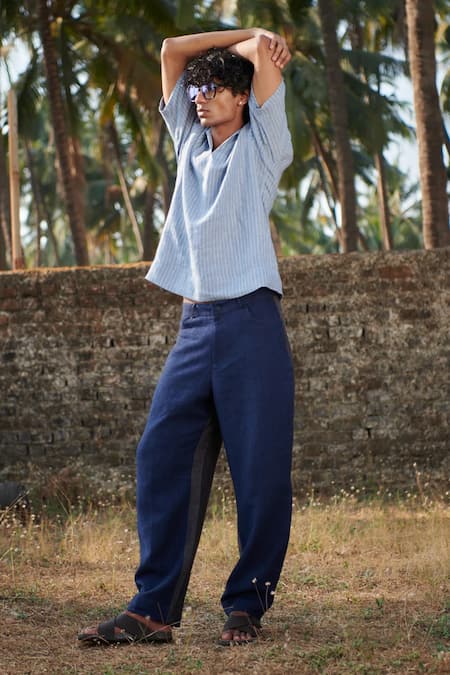 Saphed_Sky Blue Linen Popover Shirt _at_Aza_Fashions