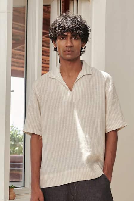 Saphed Undyed Pinstripe Linen Popover Shirt 