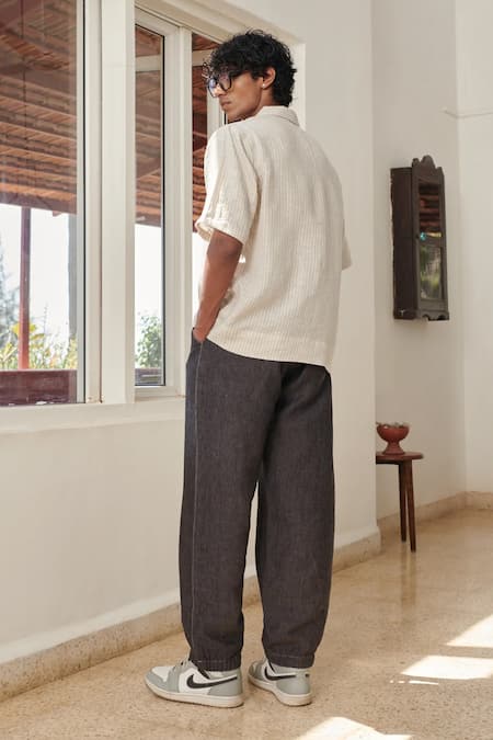 Saphed Undyed Pinstripe Linen Popover Shirt 