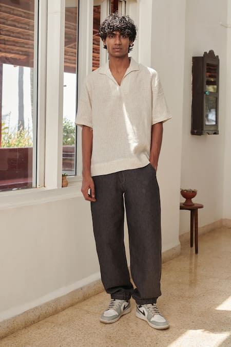Buy_Saphed_Off White Linen Undyed Pinstripe Popover Shirt _Online_at_Aza_Fashions