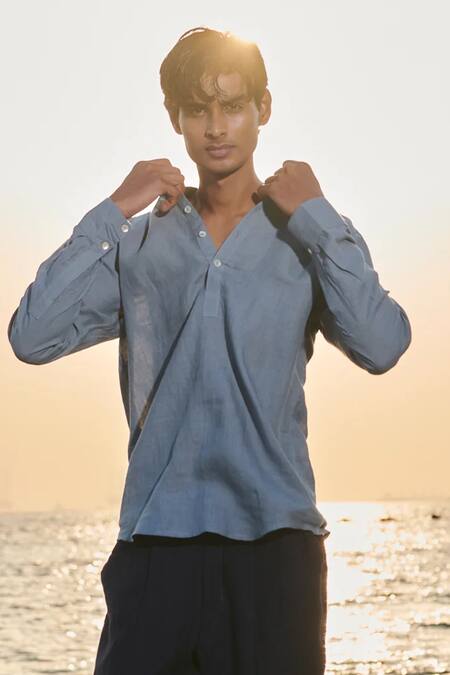 Saphed_Sky Blue Linen Shirt Kurta _Online_at_Aza_Fashions