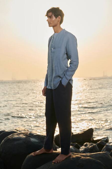 Shop_Saphed_Sky Blue Linen Shirt Kurta _Online_at_Aza_Fashions