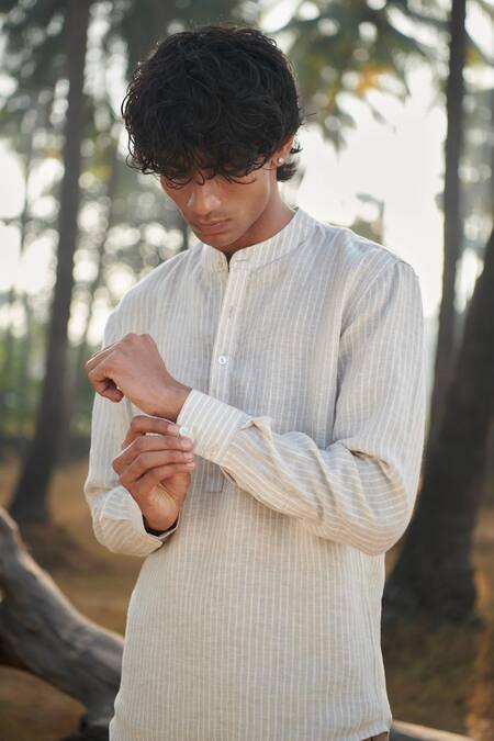 Saphed_Off White Linen Undyed Pinstripe Shirt Kurta _Online_at_Aza_Fashions
