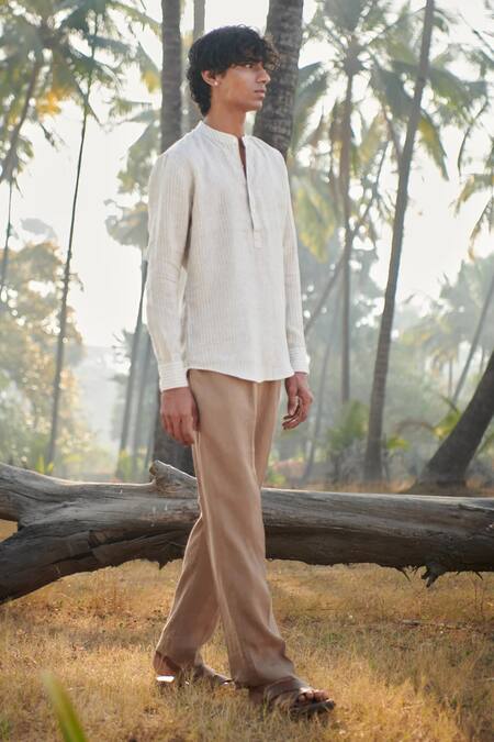 Shop_Saphed_Off White Linen Undyed Pinstripe Shirt Kurta _Online_at_Aza_Fashions