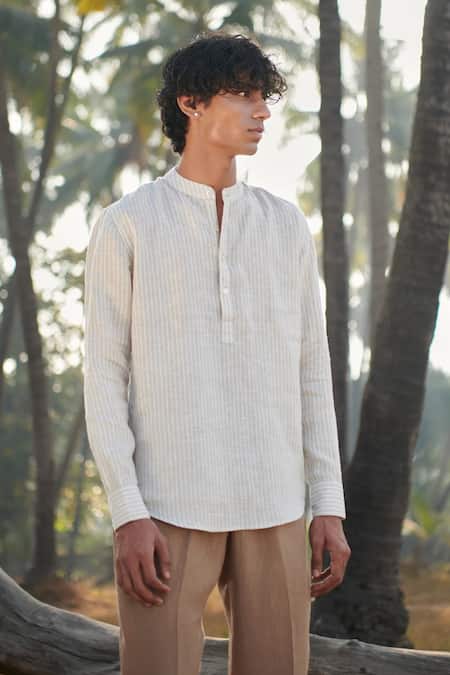 Saphed Undyed Pinstripe Linen Shirt Kurta 