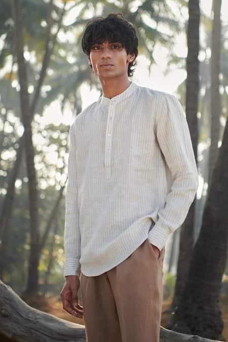 Buy_Saphed_Off White Linen Undyed Pinstripe Shirt Kurta 