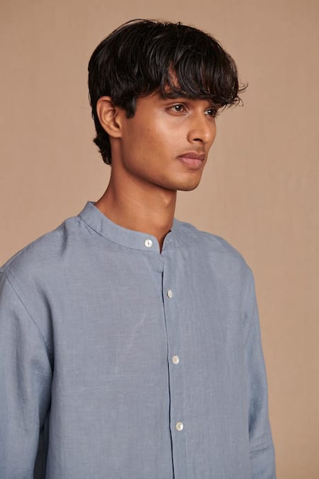 Saphed_Sky Blue Linen Band Collar Shirt _Online_at_Aza_Fashions