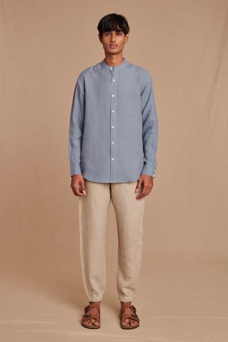 Buy_Saphed_Sky Blue Linen Band Collar Shirt _Online_at_Aza_Fashions