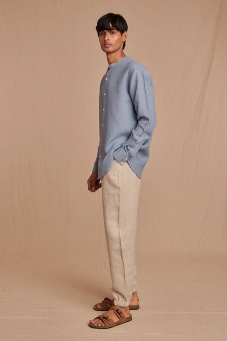 Shop_Saphed_Sky Blue Linen Band Collar Shirt _Online_at_Aza_Fashions