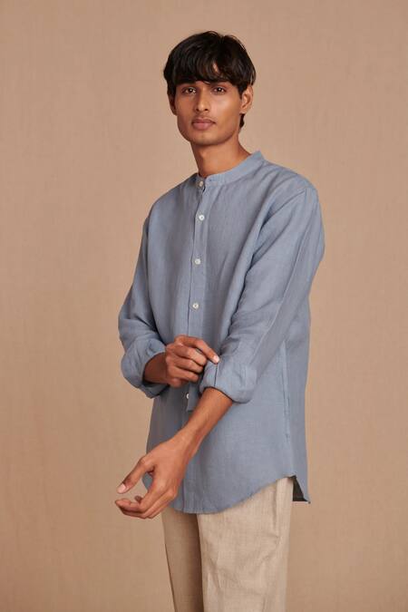 Saphed_Sky Blue Linen Band Collar Shirt _at_Aza_Fashions