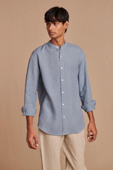 Saphed Sky Linen Band Collar Shirt 