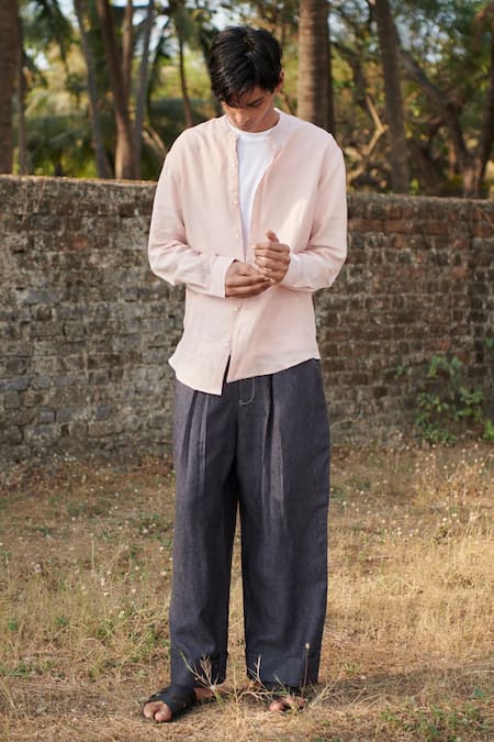 Saphed_Blush Linen Band Collar Shirt _at_Aza_Fashions