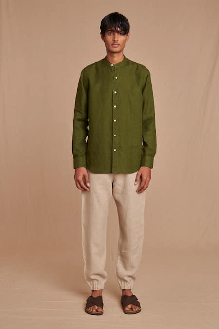 Saphed_Green Linen Band Collar Shirt _Online_at_Aza_Fashions