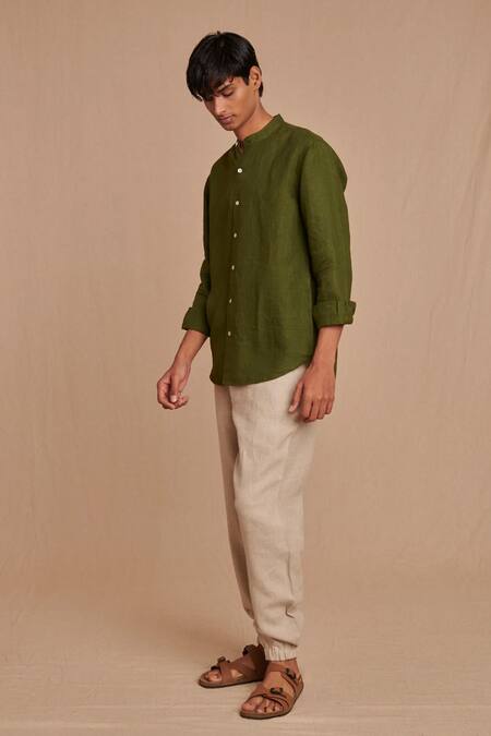 Shop_Saphed_Green Linen Band Collar Shirt _Online_at_Aza_Fashions