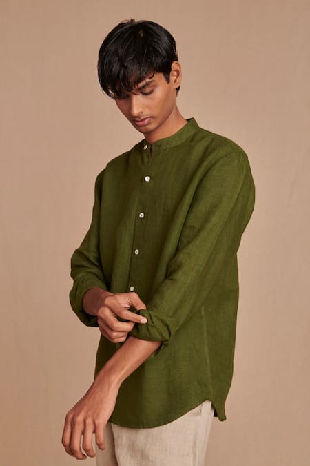 Saphed_Green Linen Band Collar Shirt _at_Aza_Fashions