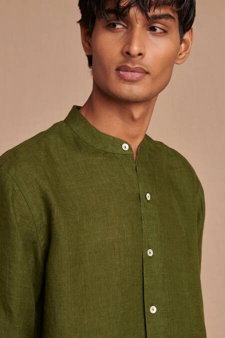 Buy_Saphed_Green Linen Band Collar Shirt 
