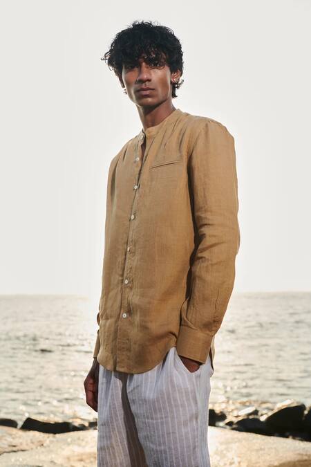 Saphed_Beige Linen Husk Shirt _Online_at_Aza_Fashions