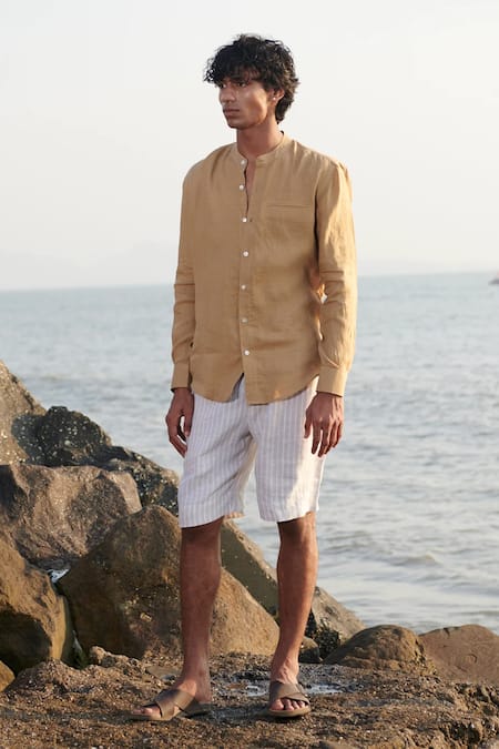 Buy_Saphed_Beige Linen Husk Shirt _Online_at_Aza_Fashions