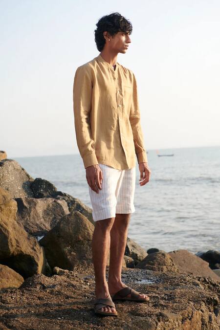 Shop_Saphed_Beige Linen Husk Shirt _Online_at_Aza_Fashions
