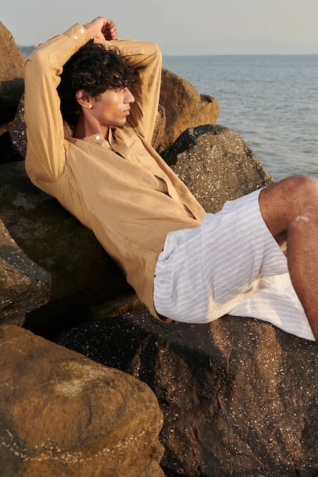 Saphed_Beige Linen Husk Shirt _at_Aza_Fashions