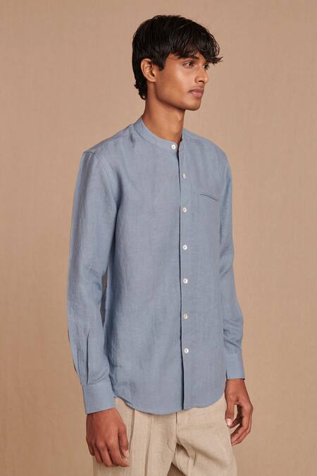 Saphed_Sky Blue Linen Band Collar Shirt _Online_at_Aza_Fashions