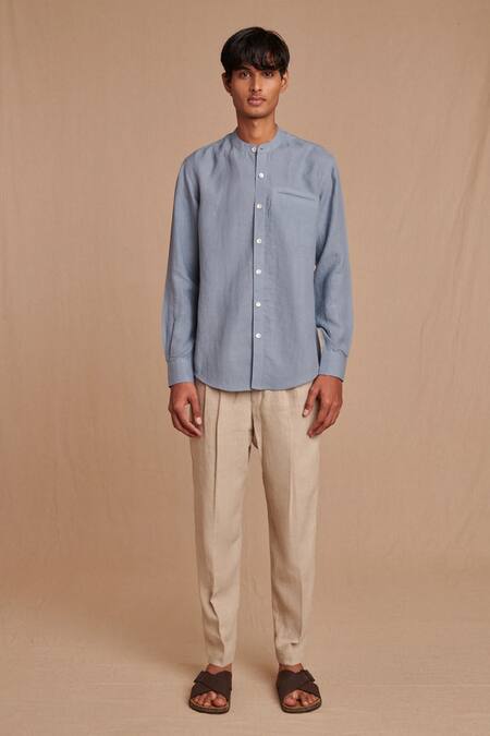 Buy_Saphed_Sky Blue Linen Band Collar Shirt _Online_at_Aza_Fashions